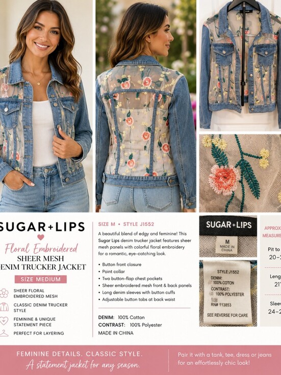 Sugarlips Jackets & Blazers - Sugar Lips Floral Embroidered Sheer Mesh Denim Trucker Jacket M